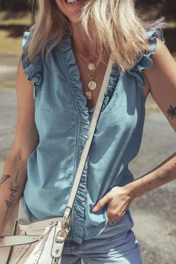 Online Dear-Lover Frilly Ruffle Trim V Neck Chambray Tank Top Beau Blue