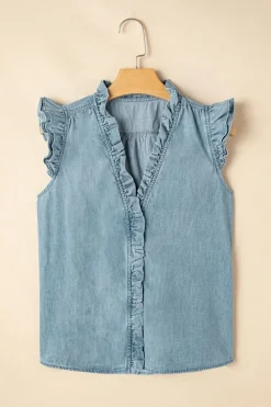 Online Dear-Lover Frilly Ruffle Trim V Neck Chambray Tank Top Beau Blue