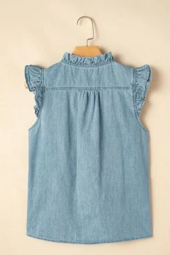 Online Dear-Lover Frilly Ruffle Trim V Neck Chambray Tank Top Beau Blue