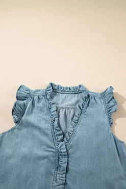 Online Dear-Lover Frilly Ruffle Trim V Neck Chambray Tank Top Beau Blue