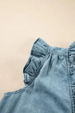 Online Dear-Lover Frilly Ruffle Trim V Neck Chambray Tank Top Beau Blue