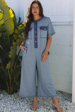 Clearance Dear-Lover Half Placket Chest Pockets Short Sleeve Wide Leg Jumpsuit Beau Blue