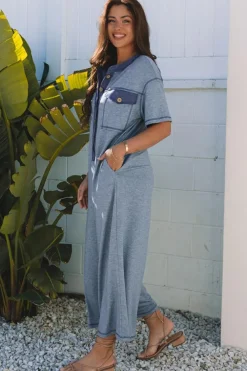 Clearance Dear-Lover Half Placket Chest Pockets Short Sleeve Wide Leg Jumpsuit Beau Blue