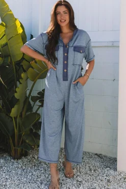 Clearance Dear-Lover Half Placket Chest Pockets Short Sleeve Wide Leg Jumpsuit Beau Blue