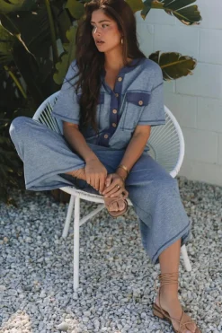Clearance Dear-Lover Half Placket Chest Pockets Short Sleeve Wide Leg Jumpsuit Beau Blue
