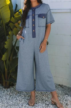 Clearance Dear-Lover Half Placket Chest Pockets Short Sleeve Wide Leg Jumpsuit Beau Blue