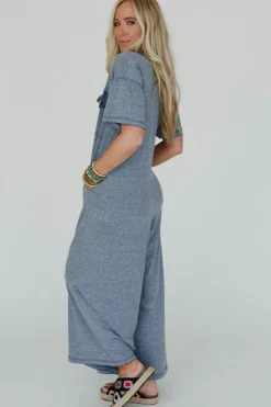 Clearance Dear-Lover Half Placket Chest Pockets Short Sleeve Wide Leg Jumpsuit Beau Blue