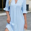 Hot Dear-Lover Jacquard Texture Flared Short Sleeve Notched Neck Mini Dress Beau Blue
