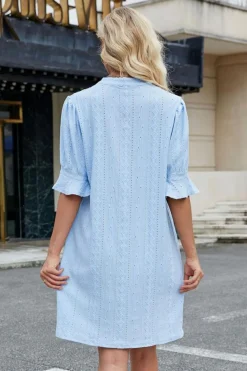 Hot Dear-Lover Jacquard Texture Flared Short Sleeve Notched Neck Mini Dress Beau Blue