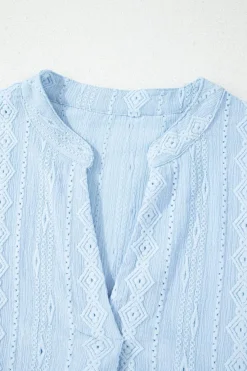 Hot Dear-Lover Jacquard Texture Flared Short Sleeve Notched Neck Mini Dress Beau Blue