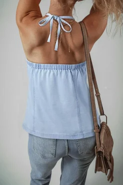 Sale Dear-Lover Knotted Open Back Halterneck Denim Tank Top Beau Blue