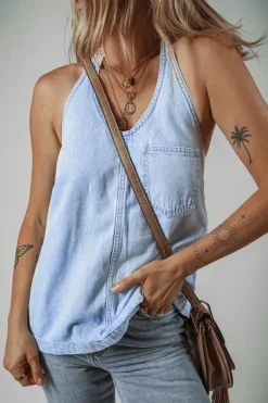 Sale Dear-Lover Knotted Open Back Halterneck Denim Tank Top Beau Blue