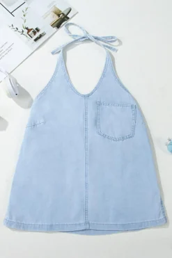 Sale Dear-Lover Knotted Open Back Halterneck Denim Tank Top Beau Blue