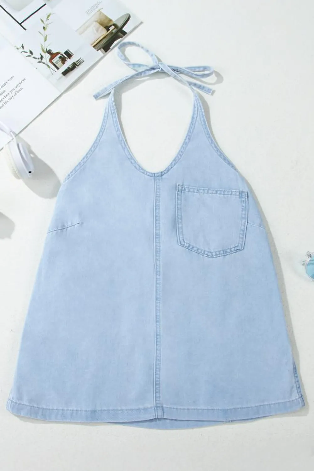Sale Dear-Lover Knotted Open Back Halterneck Denim Tank Top Beau Blue