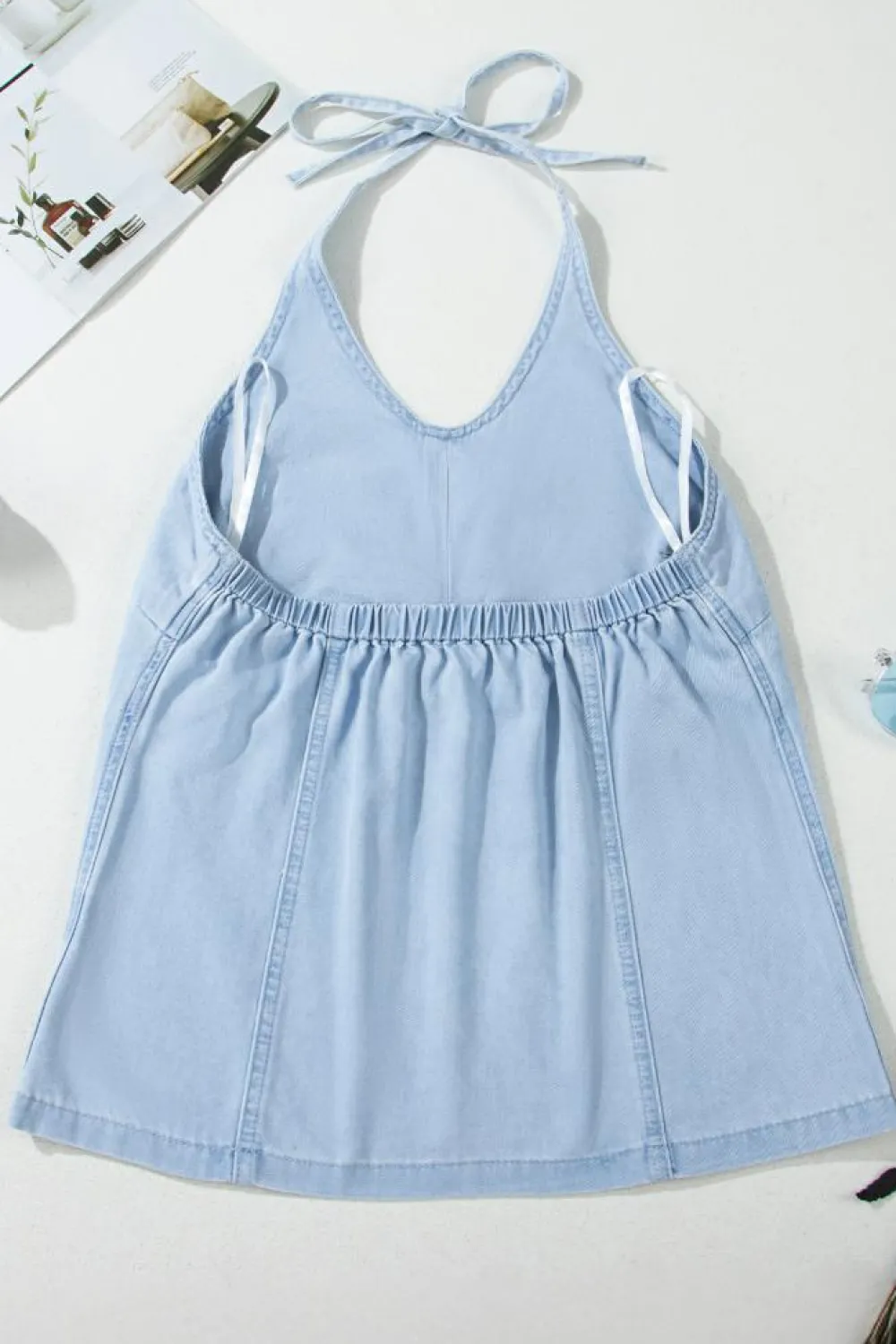 Sale Dear-Lover Knotted Open Back Halterneck Denim Tank Top Beau Blue
