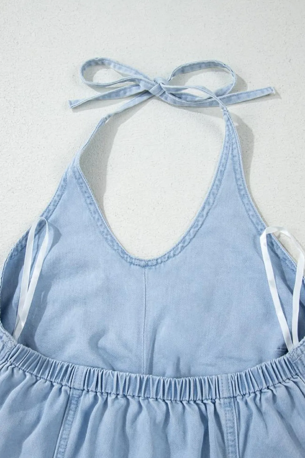 Sale Dear-Lover Knotted Open Back Halterneck Denim Tank Top Beau Blue