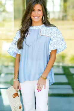 Online Dear-Lover Lace Insert Floral Puff Sleeve Patchwork Loose Blouse Beau Blue