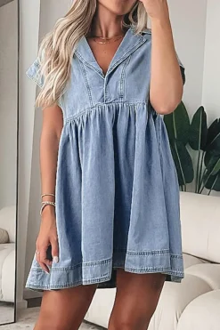 Clearance Dear-Lover Lapel Neck Cap Sleeve High Waist Denim Babydoll Dress Beau Blue