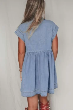 Clearance Dear-Lover Lapel Neck Cap Sleeve High Waist Denim Babydoll Dress Beau Blue