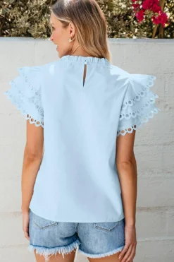 New Dear-Lover Layered Ric Rac Cap Sleeve Filled Neck Blouse Beau Blue
