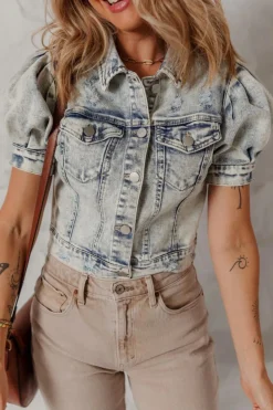 Outlet Dear-Lover Light Wash Buttoned Chest Pocket Puff Sleeve Denim Jacket Beau Blue