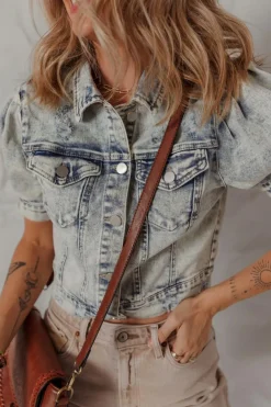 Outlet Dear-Lover Light Wash Buttoned Chest Pocket Puff Sleeve Denim Jacket Beau Blue