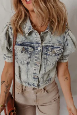 Outlet Dear-Lover Light Wash Buttoned Chest Pocket Puff Sleeve Denim Jacket Beau Blue