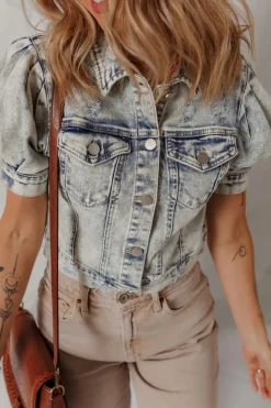 Outlet Dear-Lover Light Wash Buttoned Chest Pocket Puff Sleeve Denim Jacket Beau Blue