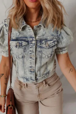 Outlet Dear-Lover Light Wash Buttoned Chest Pocket Puff Sleeve Denim Jacket Beau Blue