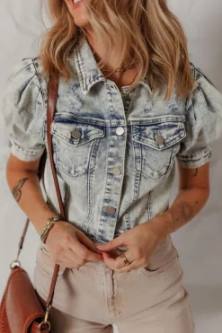 Outlet Dear-Lover Light Wash Buttoned Chest Pocket Puff Sleeve Denim Jacket Beau Blue