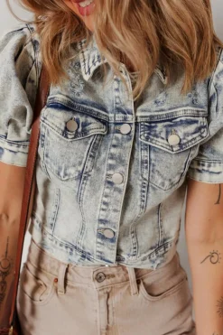 Outlet Dear-Lover Light Wash Buttoned Chest Pocket Puff Sleeve Denim Jacket Beau Blue
