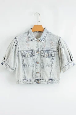 Outlet Dear-Lover Light Wash Buttoned Chest Pocket Puff Sleeve Denim Jacket Beau Blue