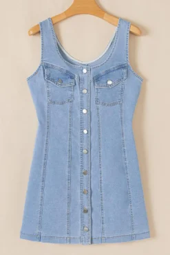 Discount Dear-Lover Light Wash Denim Buttoned Front Chest Pockets Sleeveless Slim Mini Dress Beau Blue