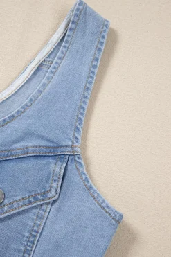 Discount Dear-Lover Light Wash Denim Buttoned Front Chest Pockets Sleeveless Slim Mini Dress Beau Blue