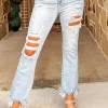 Online Dear-Lover Light Wash Distressed Straight Leg Slim Fit Jeans Beau Blue