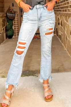 Online Dear-Lover Light Wash Distressed Straight Leg Slim Fit Jeans Beau Blue