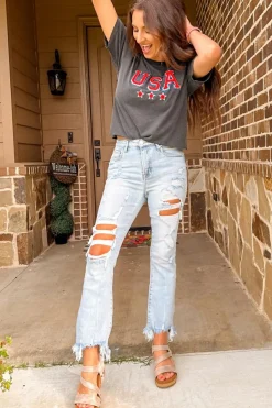 Online Dear-Lover Light Wash Distressed Straight Leg Slim Fit Jeans Beau Blue
