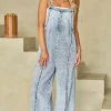 Clearance Dear-Lover Light Wash Frayed Exposed Seam Wide Leg Denim Overall Beau Blue