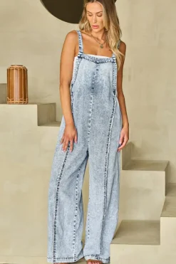 Clearance Dear-Lover Light Wash Frayed Exposed Seam Wide Leg Denim Overall Beau Blue