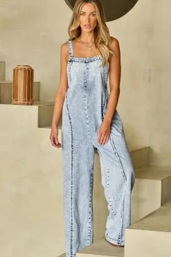 Clearance Dear-Lover Light Wash Frayed Exposed Seam Wide Leg Denim Overall Beau Blue