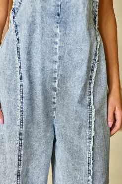 Clearance Dear-Lover Light Wash Frayed Exposed Seam Wide Leg Denim Overall Beau Blue
