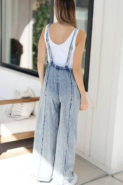 Clearance Dear-Lover Light Wash Frayed Exposed Seam Wide Leg Denim Overall Beau Blue