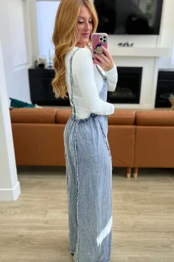 Clearance Dear-Lover Light Wash Frayed Exposed Seam Wide Leg Denim Overall Beau Blue