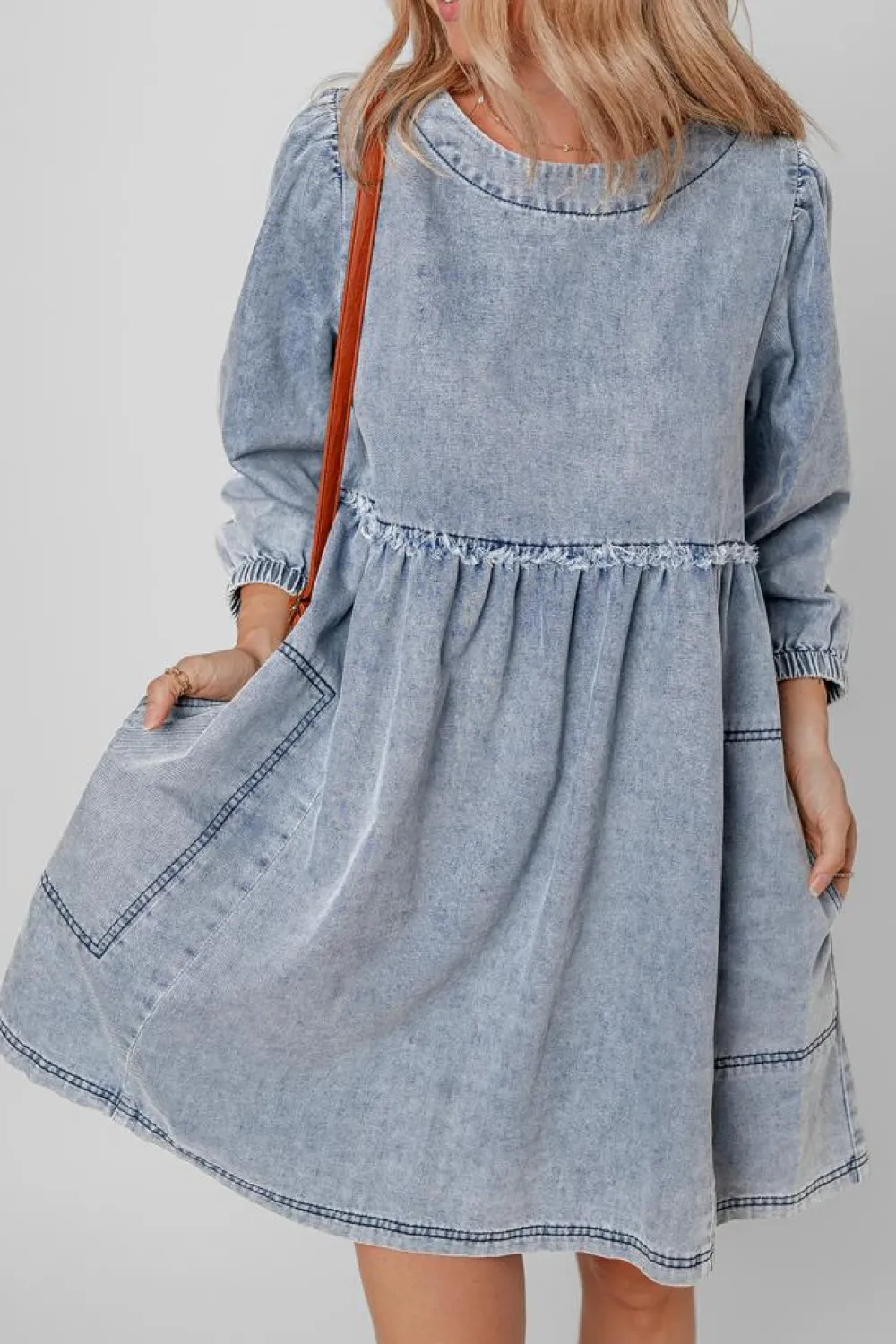 Fashion Dear-Lover Light Wash High Waist Loose Fit Denim Mini Dress Beau Blue