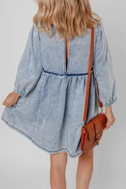 Fashion Dear-Lover Light Wash High Waist Loose Fit Denim Mini Dress Beau Blue