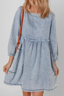Fashion Dear-Lover Light Wash High Waist Loose Fit Denim Mini Dress Beau Blue