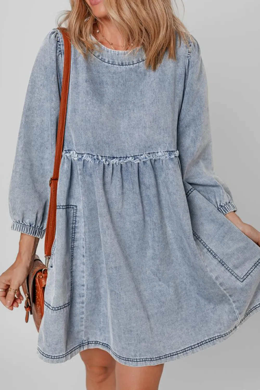Fashion Dear-Lover Light Wash High Waist Loose Fit Denim Mini Dress Beau Blue
