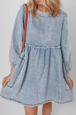 Fashion Dear-Lover Light Wash High Waist Loose Fit Denim Mini Dress Beau Blue