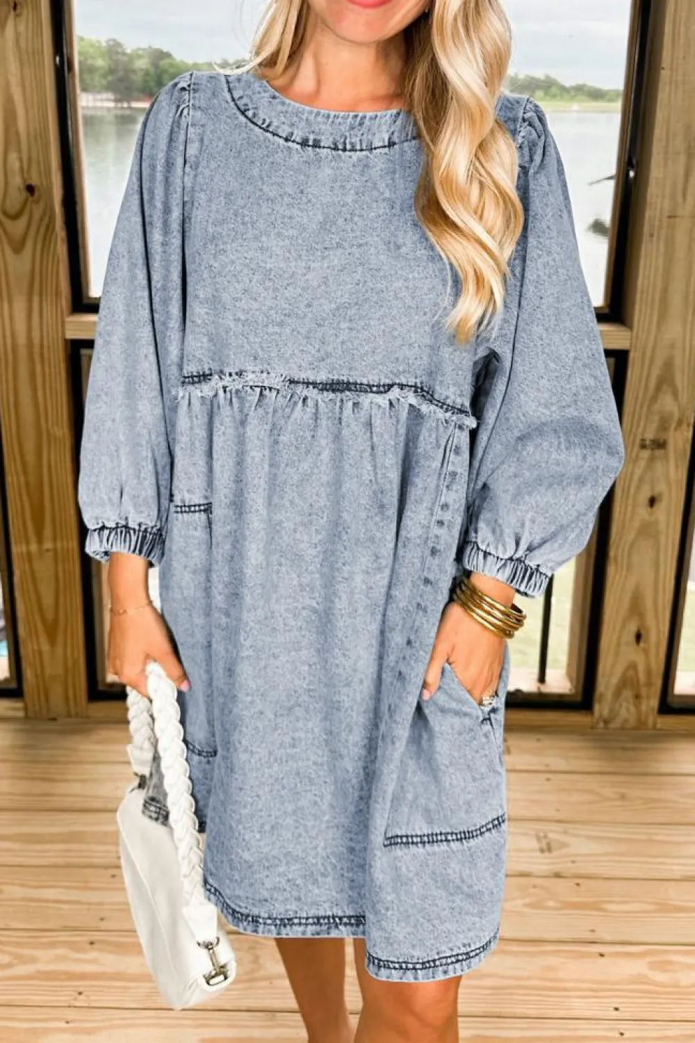 Fashion Dear-Lover Light Wash High Waist Loose Fit Denim Mini Dress Beau Blue