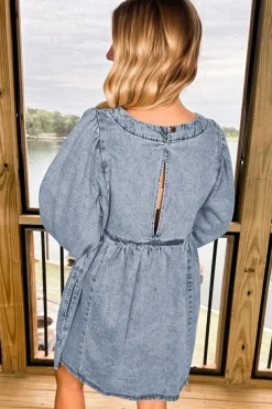 Fashion Dear-Lover Light Wash High Waist Loose Fit Denim Mini Dress Beau Blue